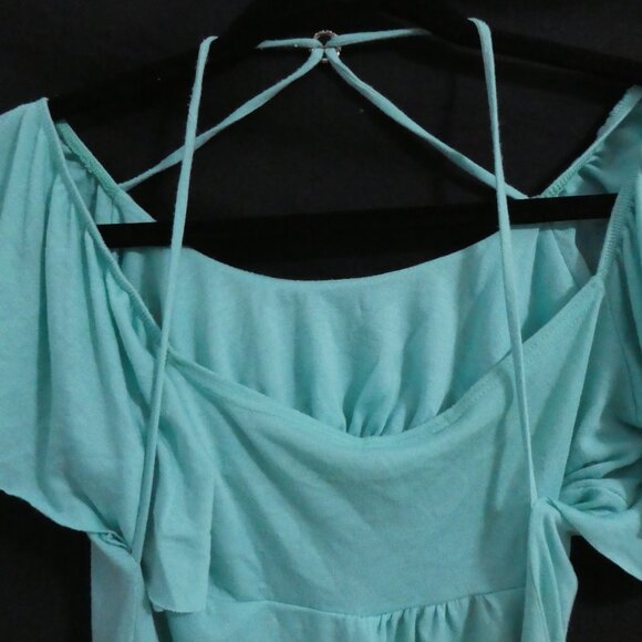 SIRENS | medium | Teal Off-Shoulder Ruffle Sleeve Dress | Dry Clean Only - Picture 10 of 13